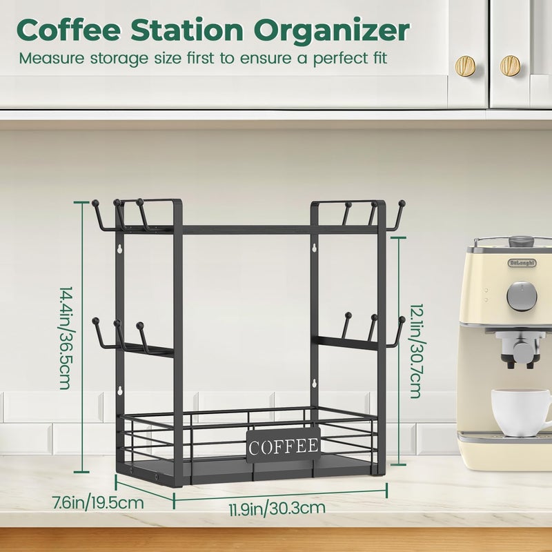 EsLuker.ly Coffee Mug Cup Holder Tree Bar Station Organizer, 2 Tier Mug Stand Rack for Countertop Kitchen, Storage Tower Display Shelf with 12 Hooks, Coffee Nook Enhancer, Black - Image 2
